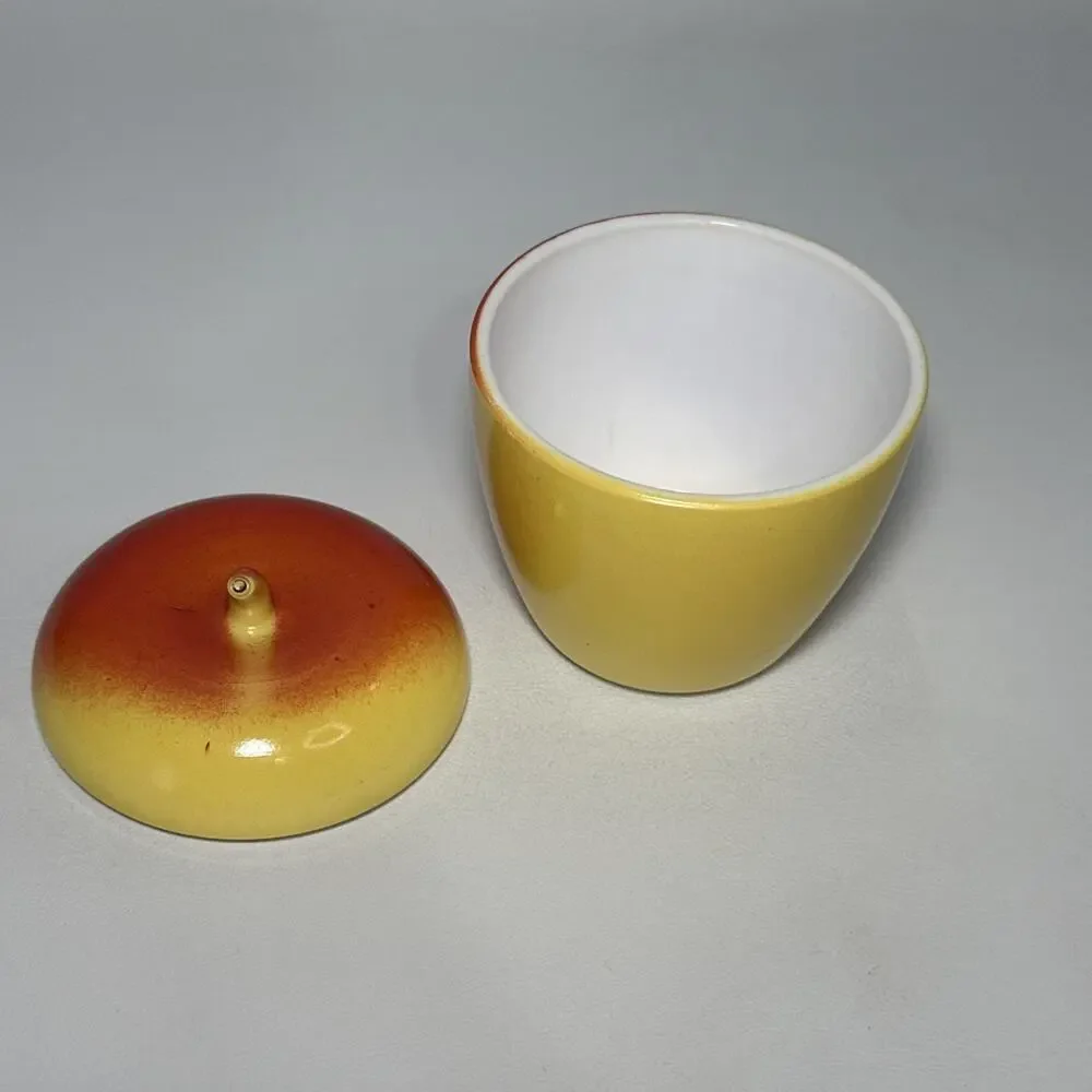Vtg Hazel Atlas Red & Yellow Apple Shaped Sugar Bowl Jam Jelly Jar W/Stem Lid